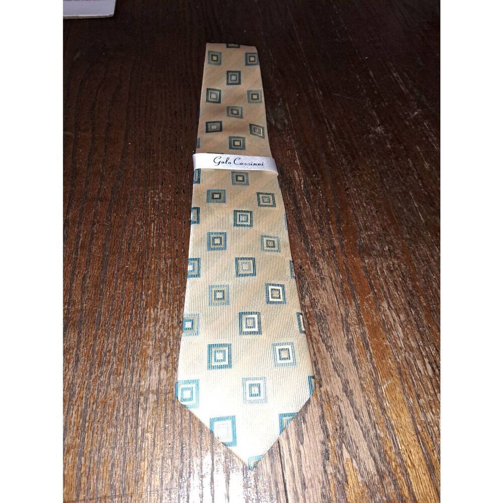 New Galo Cossinni Silk Handmade Mens Dress Neck Tie Tan Teal NWT